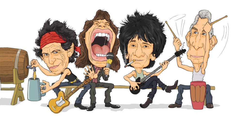karikatūra alus muca drums irbulīši elektriskā ģitāra mikrofons cigarete dūmi Rolling Stones Mick Jagger Keith Richards Ronnie Wood Charlie Watts rock